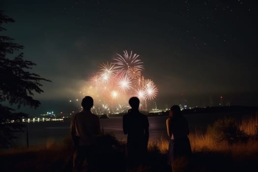 A small group of individuals captured in a serene moment, engrossed in the spectacle of vibrant fireworks illuminating the night sky