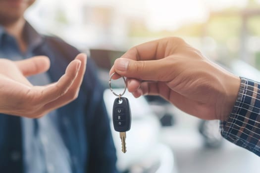 A close-up of a car key being handed over from one person to another, symbolizing a new purchase or rental.
