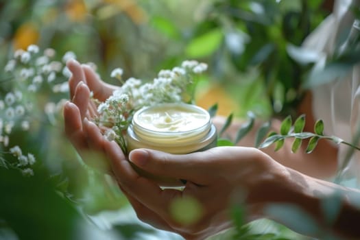 Tender hands cradle a jar of herbal cream among vibrant greenery, evoking themes of natural healing and alternative therapies