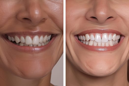 A split-screen depiction of a dental transformation with uneven, discolored teeth on one side and a perfect, white smile on the other