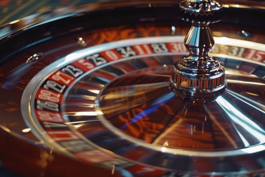 A vibrant close-up of a roulette wheel caught in mid-spin, with colors blurring into a display of motion and chance.