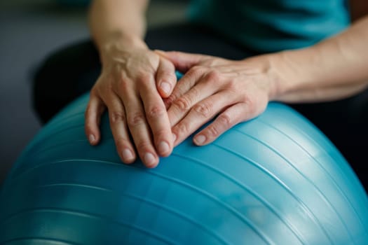 Close-up of elderly hands with manicured nails resting on a blue exercise ball, highlighting the importance of fitness in senior health