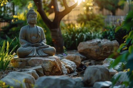 A tranquil Buddha statue sits in a meditative pose amidst a Zen garden, bathed in the golden light of sunset