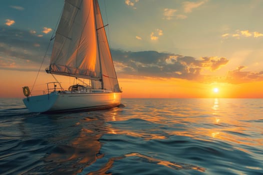 Sailboat sailing at sunset on calm sea. Professional ocean landscape photography. Nautical journey and sailing concept