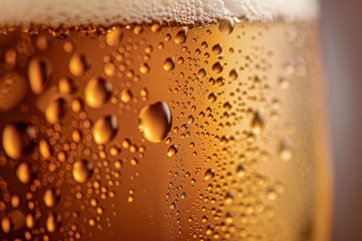 A close-up of a glass of cold craft beer, the condensation beads creating an inviting texture against a blurred warm background