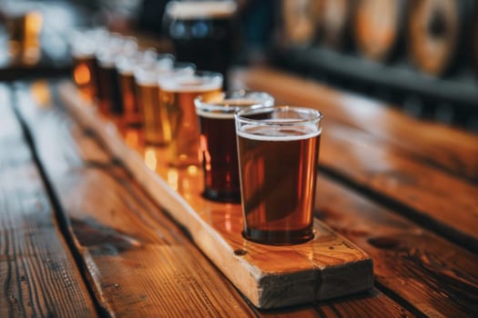 An array of craft beers presented in a tasting flight, showcasing a gradient of colors from pale gold to deep amber on a rustic wooden bar top