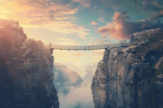 A sturdy bridge arches gracefully between towering cliffs above a serene blue inlet, with a clear sky extending into the horizon.