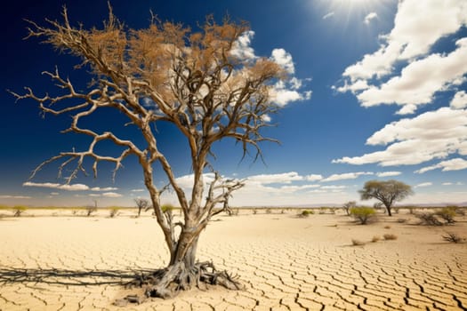 A desolate scene with a single tree standing tall amidst a cracked earth landscape under a vivid blue sky, symbolizing resilience