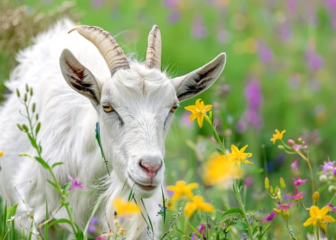 A white goat with long horns grazes in a meadow surrounded by wildflowers in summer.