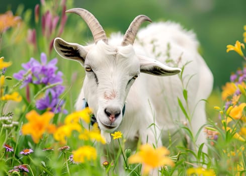 A white goat with long horns grazes in a meadow surrounded by wildflowers in summer.