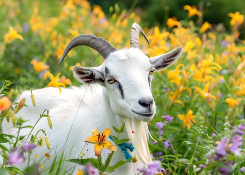 A white goat with long horns grazes in a meadow surrounded by wildflowers in summer.