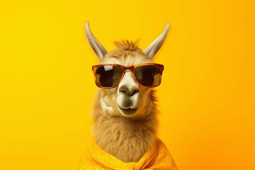 A quirky portrait of a llama donning sunglasses and a scarf, humorously styled for a summer holiday against a yellow background