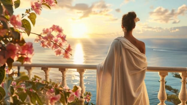 A tranquil scene capturing the back of a person wrapped in a towel, admiring the sunrise over the calm ocean from a balcony.