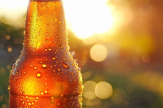 A close-up shot of a chilled craft beer bottle with condensation droplets against a bokeh background, highlighting refreshment.