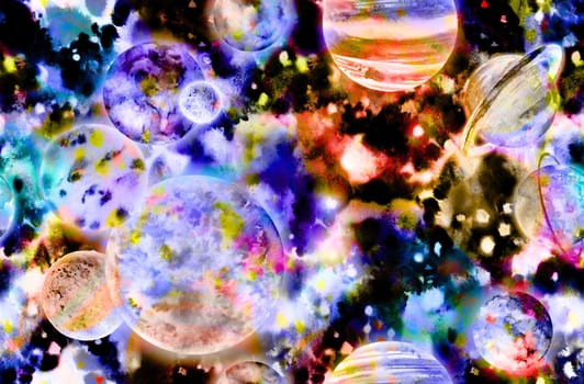 seamless pattern with Realistic solar system in watercolor against a bright starry sky background for textile and surface design