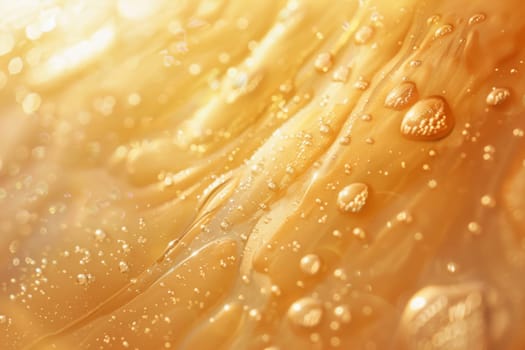 Macro photography captures the abstract beauty of water droplets on a surface bathed in a warm, golden hue.