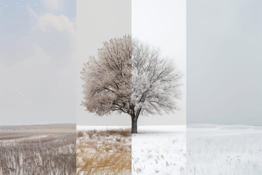 A composite image showing the beautiful transition of a solitary tree through spring, summer, fall, and winter.