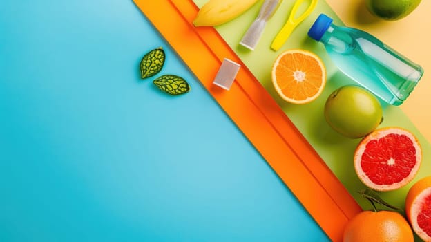 A variety of colorful fruits and vegetables are displayed on the azure table. These products are vibrant and fresh ingredients for delicious cuisine AIG50