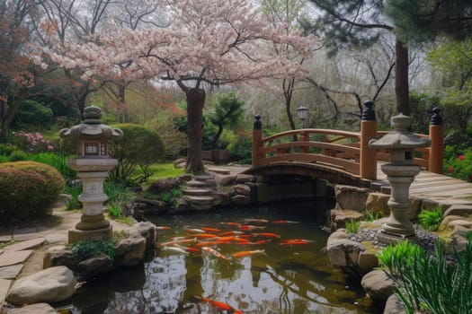 A tranquil Japanese garden in spring, featuring a wooden bridge over a koi pond surrounded by blooming cherry trees and traditional lanterns. Resplendent.