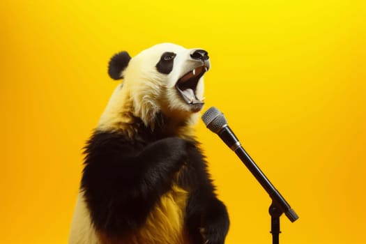 Artistic portrayal of a panda seemingly singing into a microphone, a fun and imaginative take on wildlife with a vibrant yellow background.