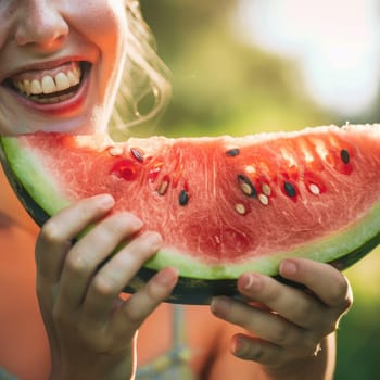 A woman indulges in the juicy sweetness of a slice of Watermelon, a Citrullus fruit, with a satisfied gesture and dripping juice on her fingers AIG50