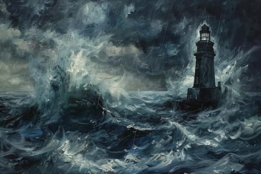 A tempestuous sea swirls around a steadfast lighthouse in this dynamic expressionist painting, rich with textured brushstrokes and a moody palette