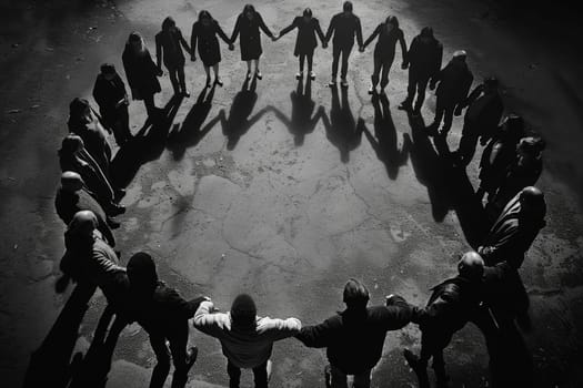 A powerful monochrome image of friends holding hands, forming a circle of unity and strength, their shadows casting a bond