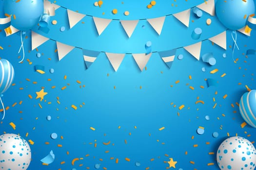 Blue background filled with colorful balloons and streamers, reminiscent of a festive celebration on Flag Day in Argentina.