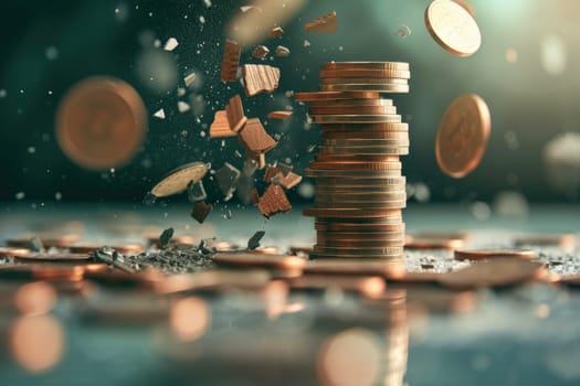 Economic downturn, debt crisis and market crash concept shown by shattering coins AIG41