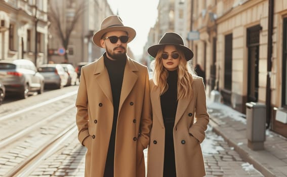Fashion portrait of stylish modern young couple in autumn brown coat and hat, beautiful woman and man walking along a city street