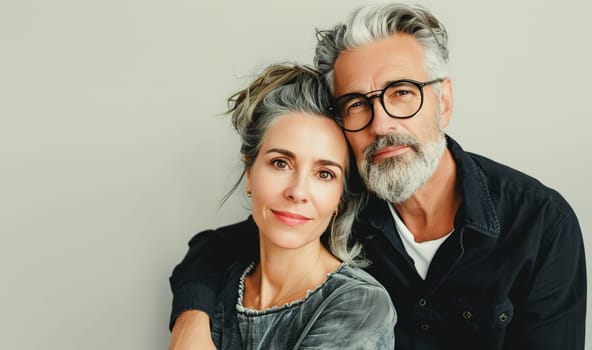Portrait of beautiful modern mature couple together, middle aged woman and man with gray hair looking at camera at home