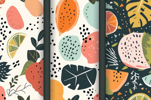 Four distinct fruit patterns, including stripes, dots, swirls, and grids, are displayed on a clean white background.
