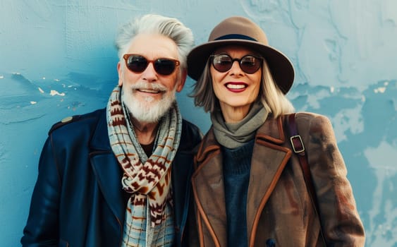 Fashion portrait of stylish happy smiling senior couple together, trendy beautiful elderly woman and man in hats, glasses posing on city street