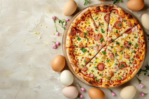 A pizza placed on a table with eggs scattered around it.