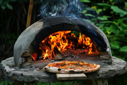 A freshly baked pizza sits atop a stone oven, emitting a tantalizing aroma.