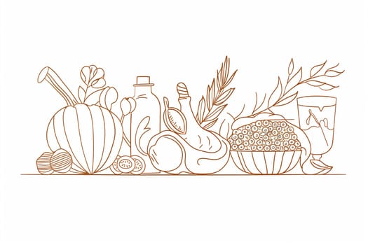 A line drawing featuring a variety of different foods, including fruits, vegetables, bread, and dairy products.
