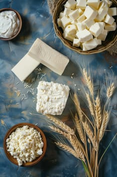 A variety of cheeses, wheat stalks, and dairy products are artfully arranged on a textured blue surface to celebrate Shavuot.