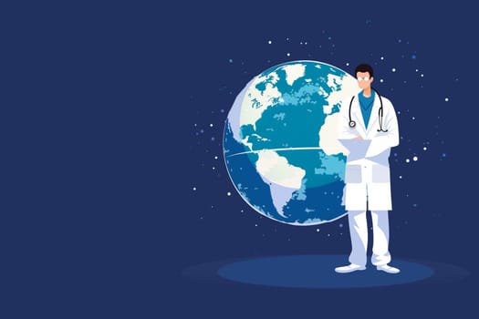 A doctor in medical attire stands confidently in front of a large globe, symbolizing global healthcare and unity in the medical field.