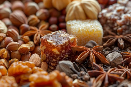 A detailed view showing various types of nuts and other food items up close.