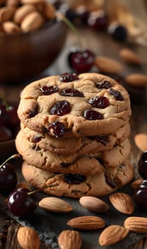 A stack of delicious chocolate chip cookies with cherries and almonds, a staple food in the baked goods industry. Perfect for a sweet treat at any occasion