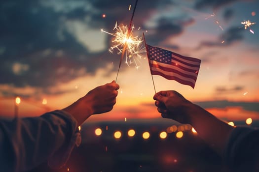 A person holds a sparkler on Flag Day in front of an American flag, celebrating with patriotic fervor.