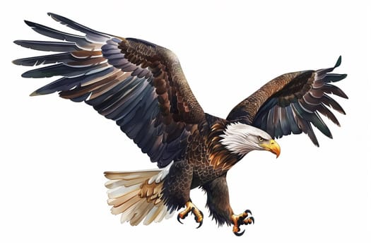 A powerful bald eagle soars through the air with its wings spread wide, showcasing its impressive wingspan.