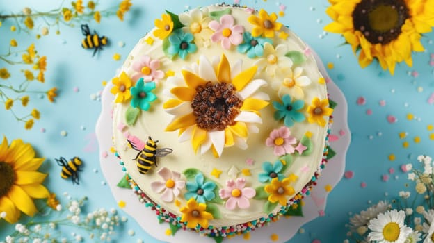 A creative art cake adorned with flower bouquets and bees on an electric blue background, resembling a beautiful art piece at any event AIG50