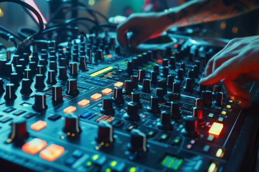 A DJ in action mixing a track at a lively music festival in front of a cheering crowd.