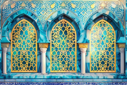 A blue and yellow building featuring arches and windows, showcasing Islamic architectural style.