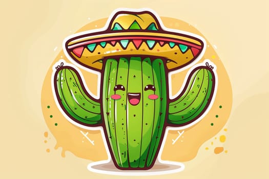 A cartoon cactus wearing a sombrero on its head, showcasing a festive and fun Cinco de Mayo theme.