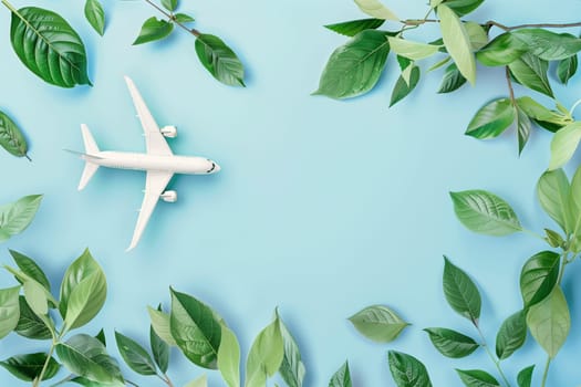 A model airplane is surrounded by fresh green leaves against a vivid blue backdrop, symbolizing eco-friendly aviation and sustainable travel.