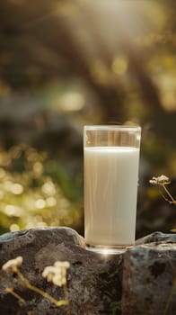 A glass of milk perched on a sturdy rock, contrasting the smooth white liquid with the rough, grey surface of the stone.