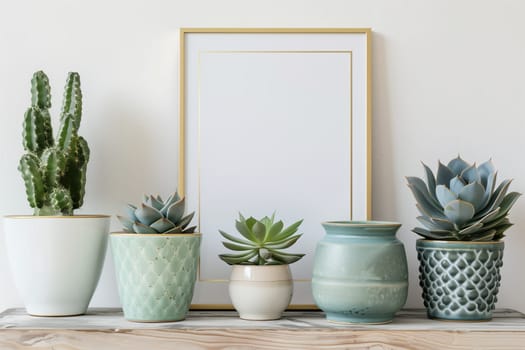 Various potted succulents line up beside an unadorned picture frame on a light wooden shelf against a neutral wall. mockup