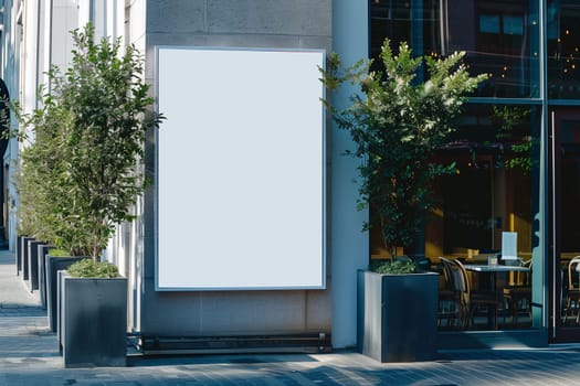 A large white billboard is attached to the side of a building, displaying advertisements or messages to passersby. mockup